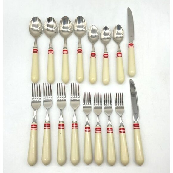 17 pc Ralph Laren Stainless Flatware Cafe Stripe-Red - Picture 1 of 5